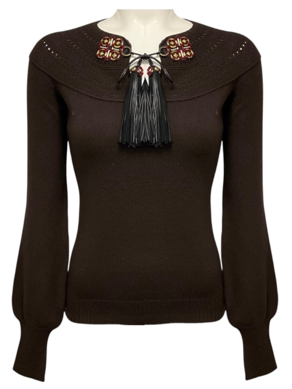 GUCCI BROWN EMBELLISHED WOOL KNIT SWEATER WITH TASSEL DETAIL